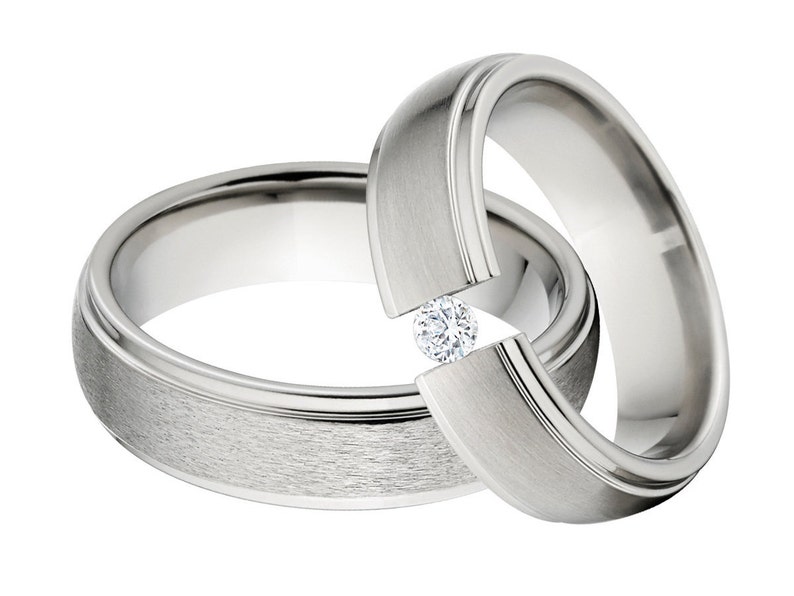 Titanium and Tension Set Matching Ring Set, His & Her's Ring Set: 6HRRC-ST, 6HRRC-B.25Tension-CZ image 1