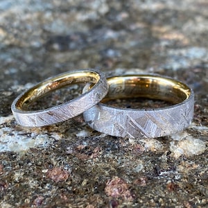 Gibeon Meteorite Ring Set, 14k Yellow Gold Cobalt Wedding Bands, Matching USA Handmade