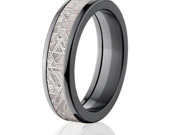 New 6mm Half Round Meteorite Ring with Black Zirconium Ring Gibeon Bands - BZ-6HR-Meteorite