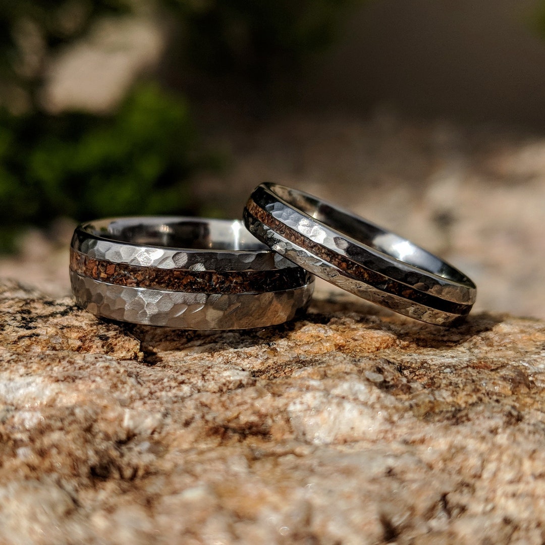 Dinosaur Bone Wedding Ring Set, Hammered Titanium Bands, Matching T-rex ...