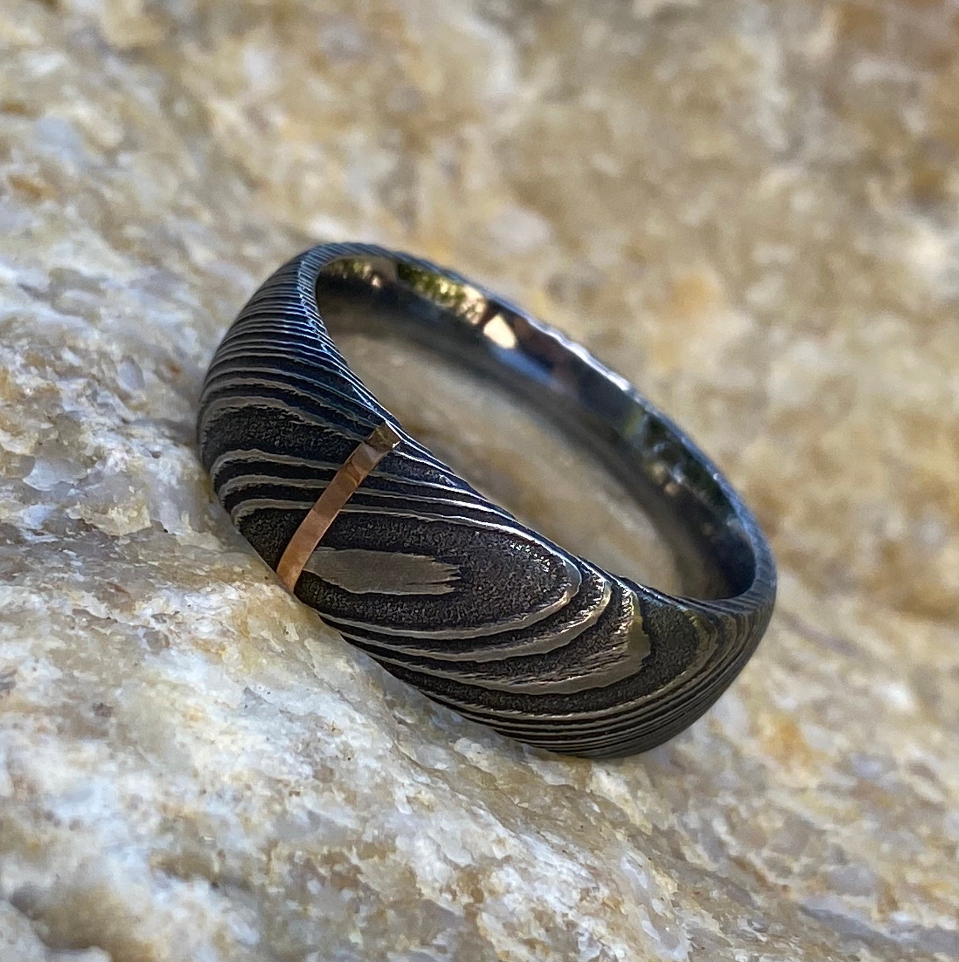Damascus Ring 14k Rose Gold Inlay Damascus Steel Wedding Band Etsy