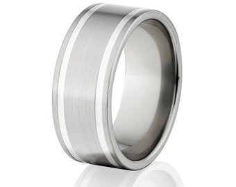 New Comfort Fit, 9mm Titanium Ring, Sterling Silver Inlay, Modern Band 4-17: 9F21GBR-SSINLAY