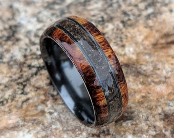 Dinosaur Bone Wedding Band, Titanium Ring with Exotic Wood Inlay, 7mm Comfort Fit
