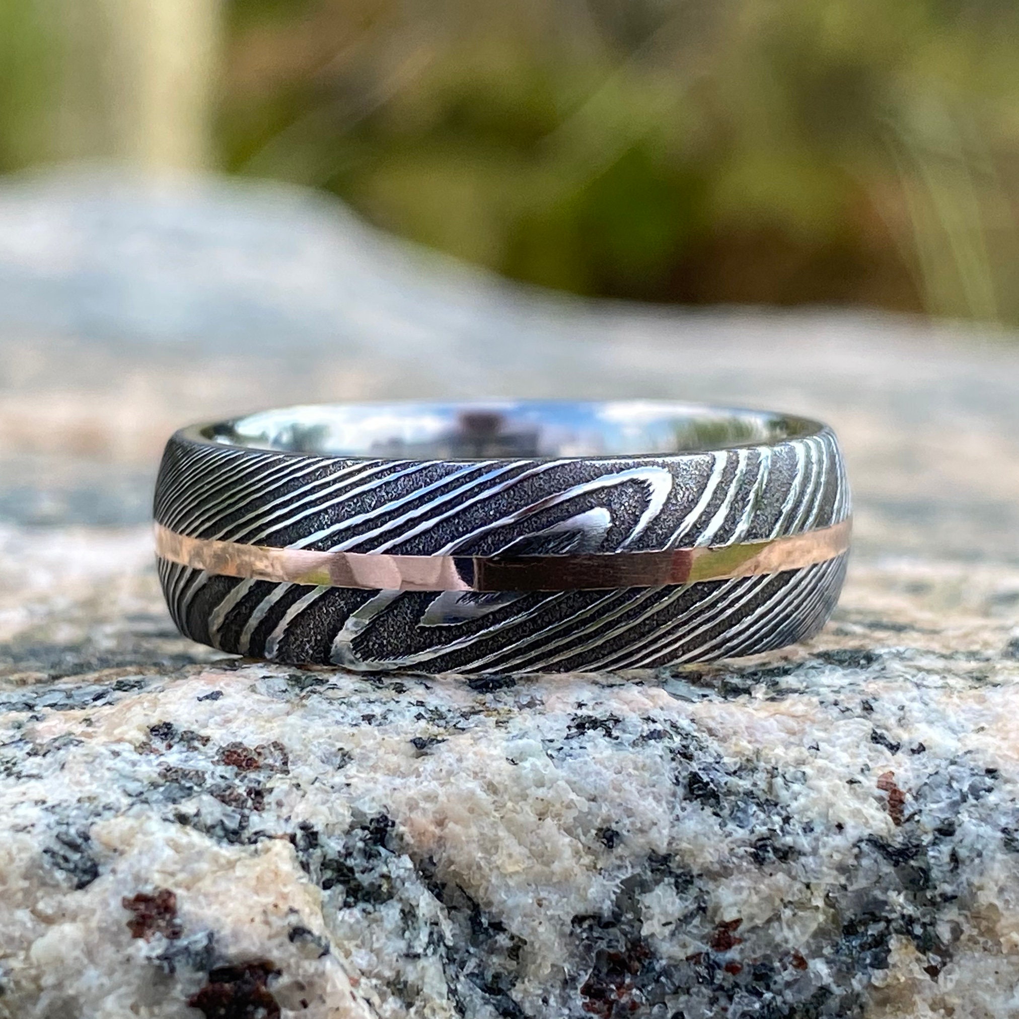 Damascus Ring 14k Rose Gold Inlay Damascus Steel Wedding Band With Titanium Core Etsy Canada