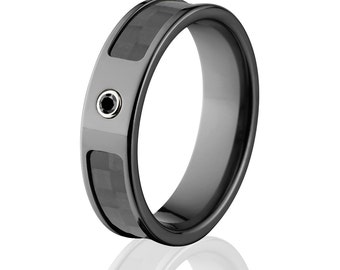 Carbon Fiber Rings, Black Diamond Carbon Fiber Wedding Rings  - Sku: BZ-6F_Bezel_BlkDia_CarbonFiber