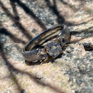 Authentic Gibeon Meteorite Engagement Ring with stunning Moissanite Round Center and Moonstone image 5