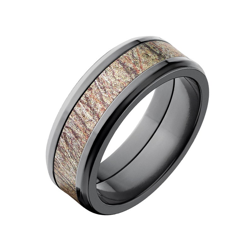 BZ-8T-BRUSH New 8mm Licensed Brush Mossy Oak Camo Band Camo Wedding Ring Black Zirconium Tapered Ring