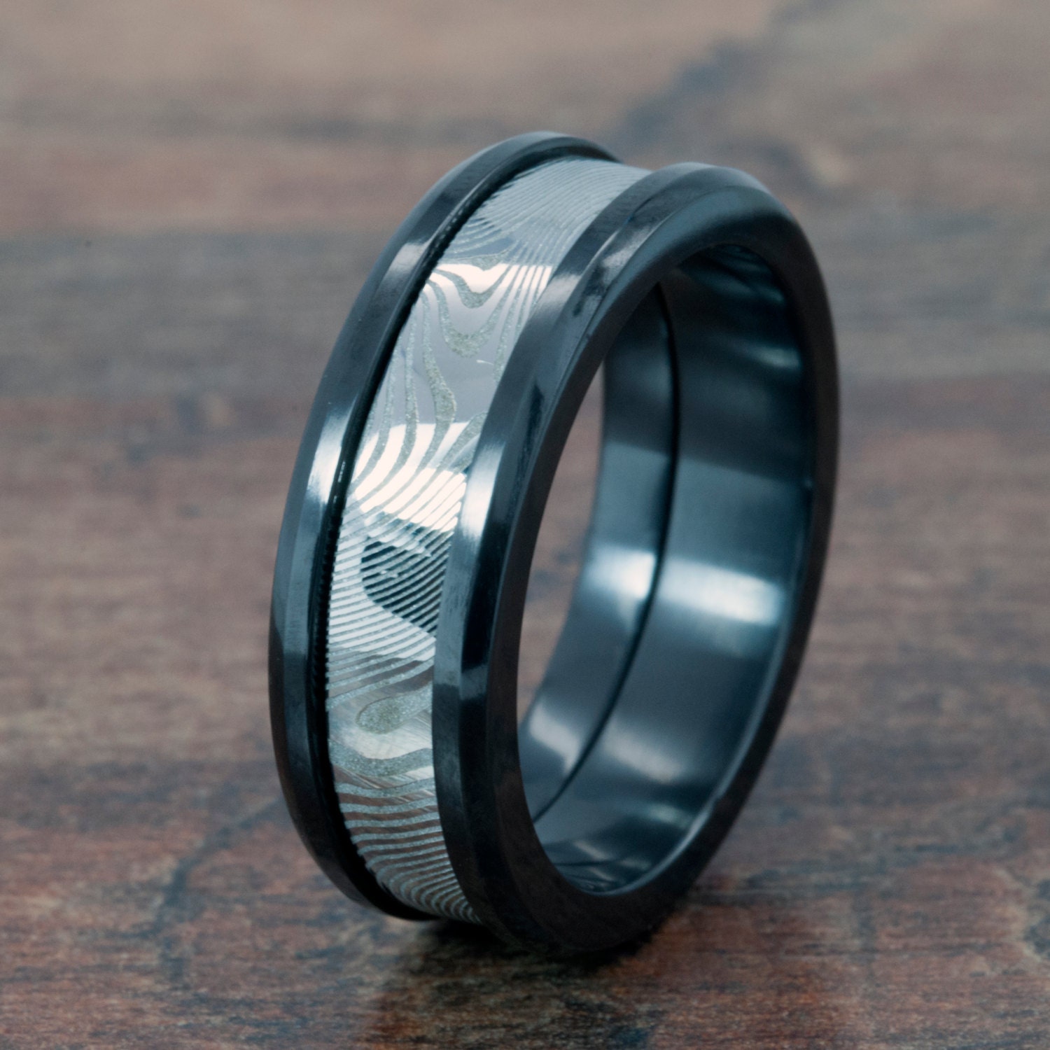 Damascus Steel Ring w/ Acid Etching and Black Zirconium Etsy