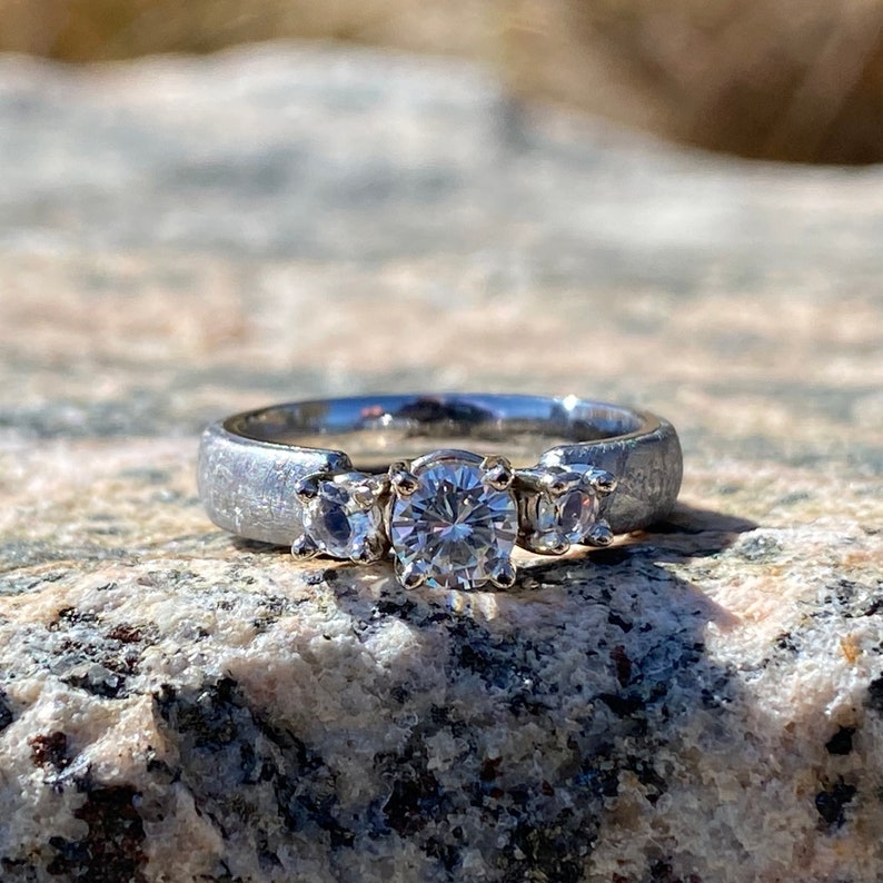 Authentic Gibeon Meteorite Engagement Ring with stunning Moissanite Round Center and Moonstone image 1