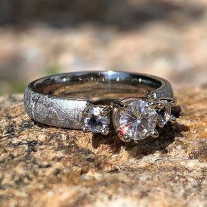 Authentic Gibeon Meteorite Engagement Ring with stunning Moissanite Round Center and Moonstone image 8