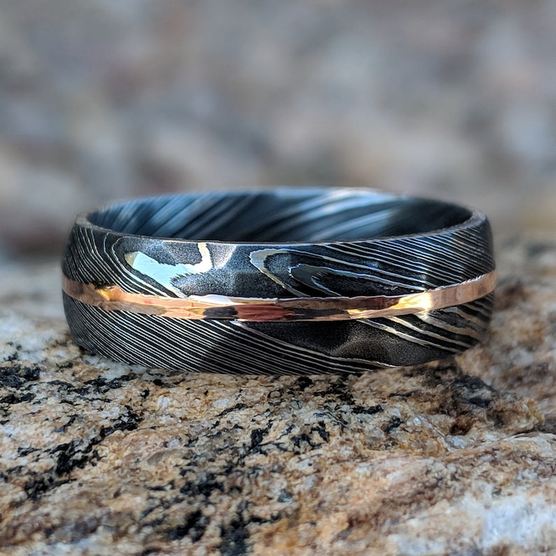 His and Her Damascus Ring Set With 14k Rose Gold Inlay and Etsy