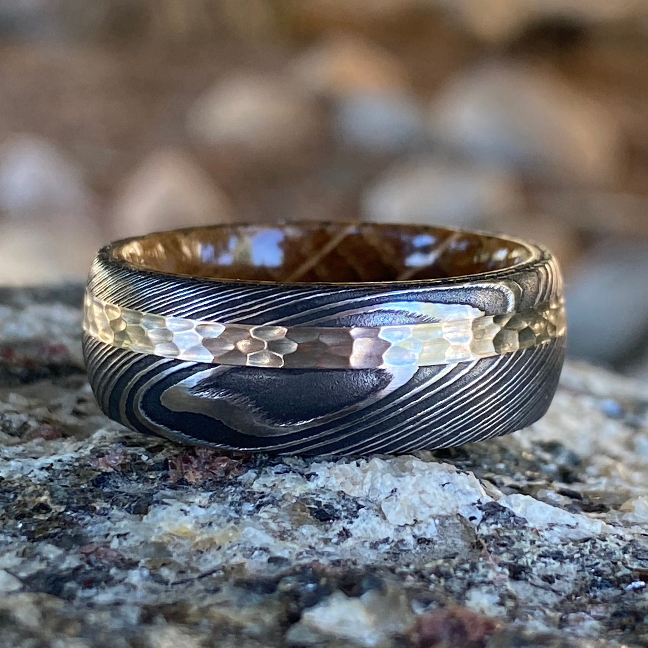 Mens Wedding Band Damascus Steel Ring 14k White Gold Inlay