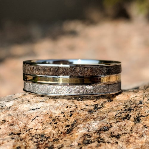 Meteorite Ring With 14k Gold and Dinosaur Fossil Inlay, Custom