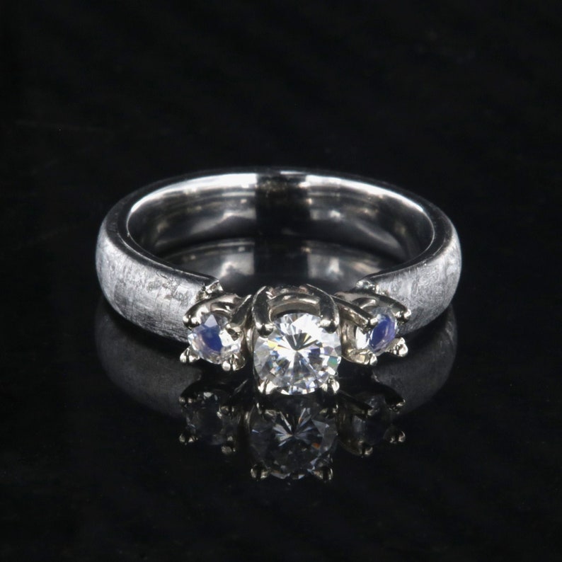 Authentic Gibeon Meteorite Engagement Ring with stunning Moissanite Round Center and Moonstone image 9