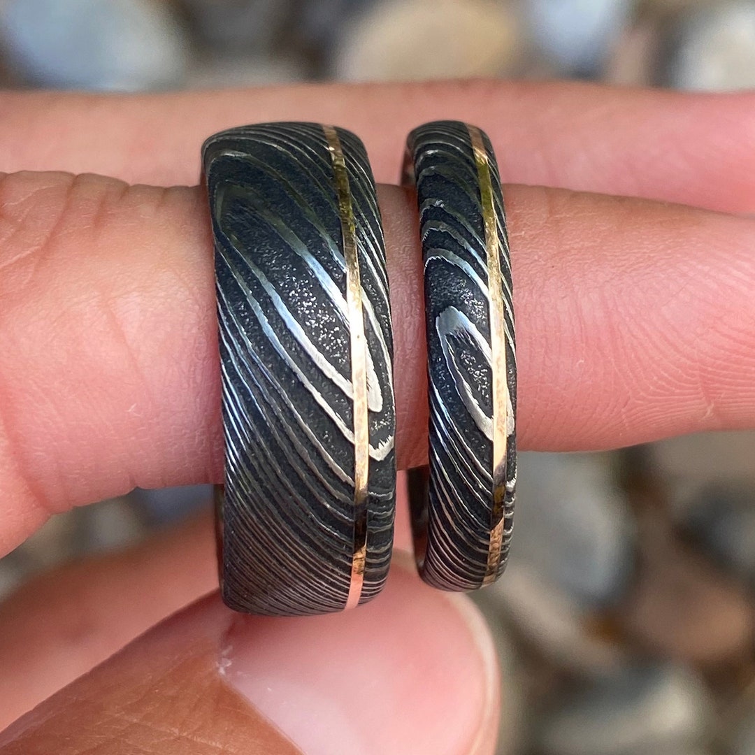 Damascus Wedding Band Set Custom Damascus Rings His and Her 14k Rose