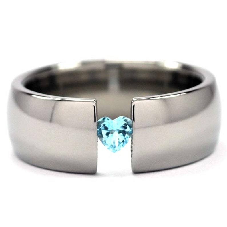 New 8mm Wide Titanium Tension Set Ring with a 4mm Heart Gemstone 8HR-P-HRTTens