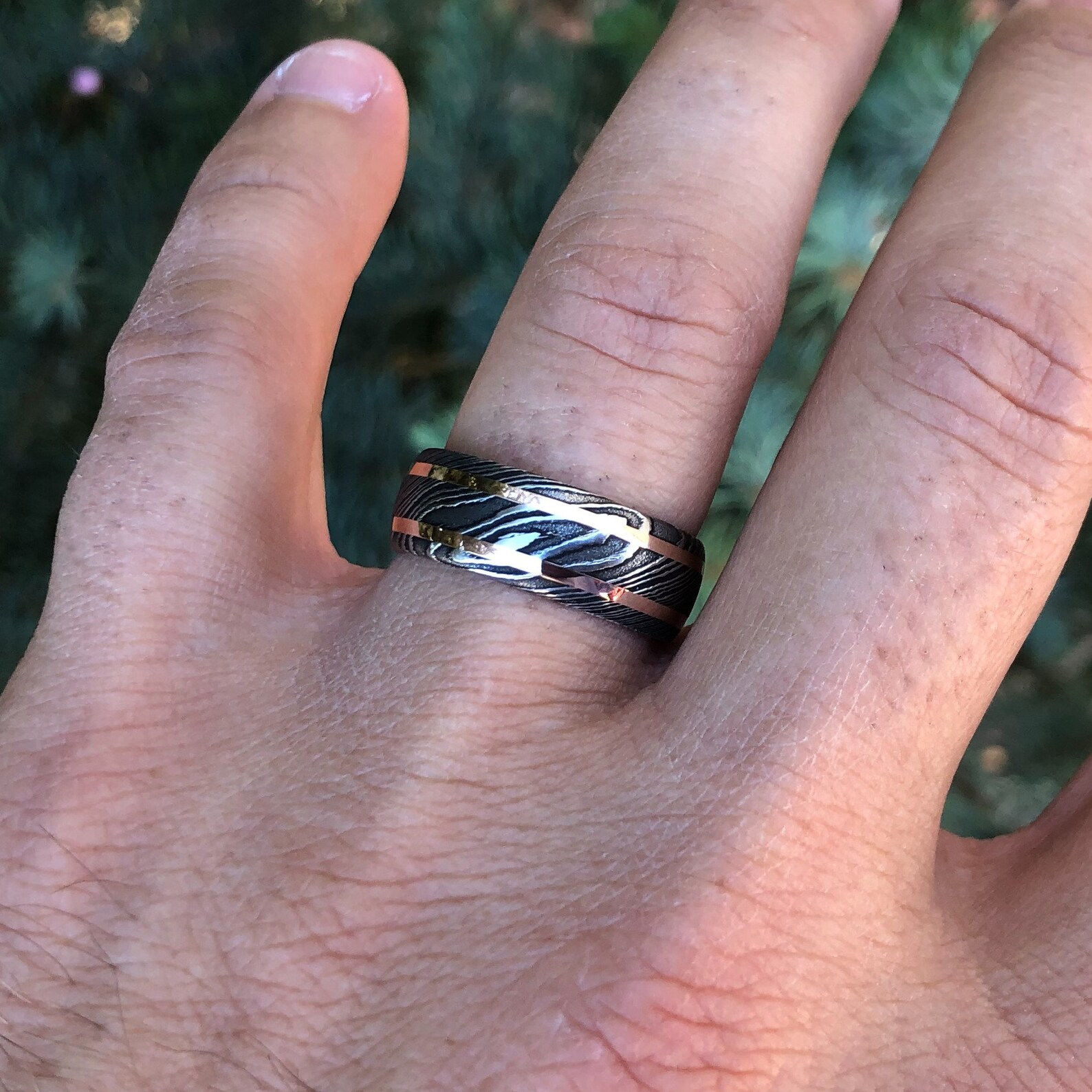8mm Damascus Steel Ring With Dual 14k Rose Gold off Center Etsy