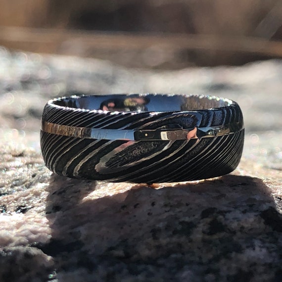 Damascus Ring 14k White Gold Inlay Damascus Steel Wedding Band Etsy