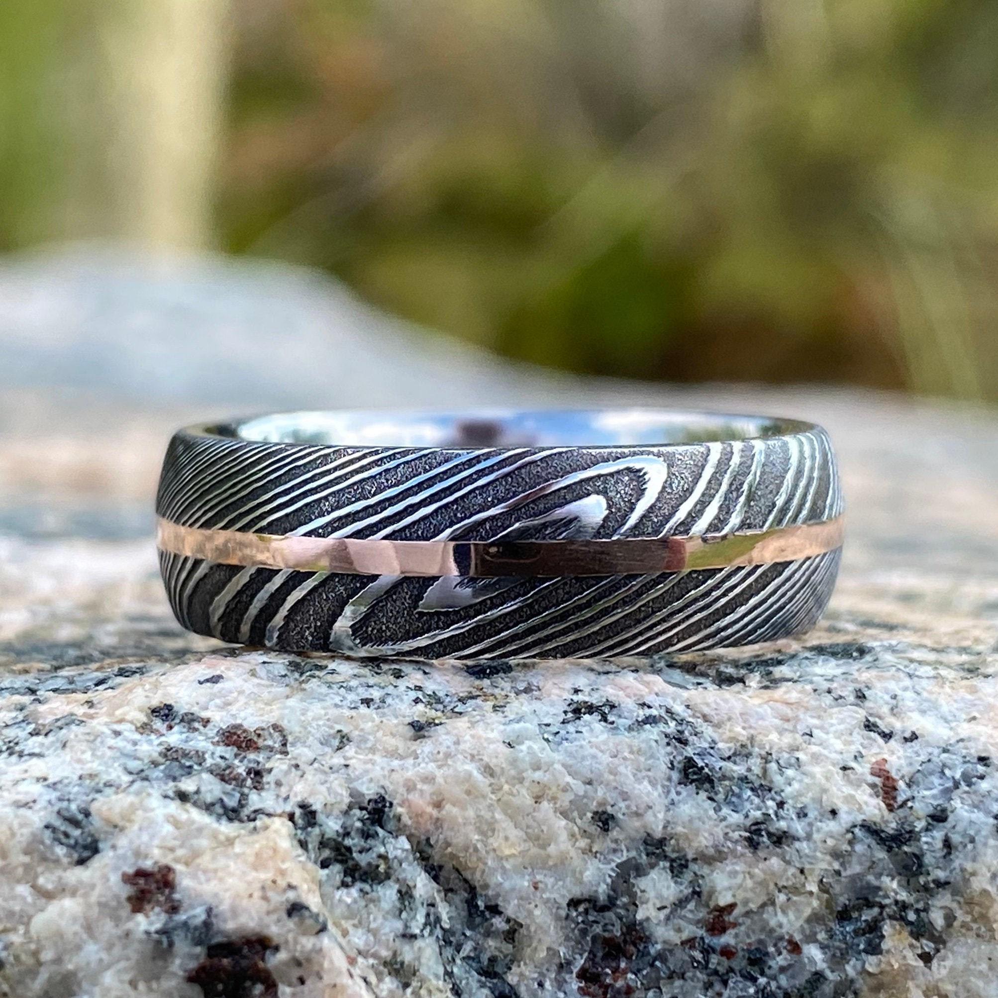 Damascus Ring 14k Rose Gold Inlay Damascus Steel Wedding Band Etsy UK