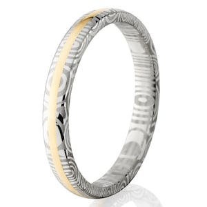 New 4mm Wide Damascus Steel Ring with 14k Gold Inlay