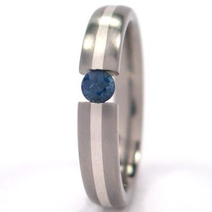 Titanium Tension Set With Sterling Silver Inlay Blue Sapphire Band Inlay Ring Titanium Tension Ring: Z4HR11G-B-SS-SAP image 1