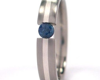 Titanium Tension Set With Sterling Silver Inlay Blue Sapphire Band Inlay Ring Titanium Tension Ring: Z4HR11G-B-SS-SAP