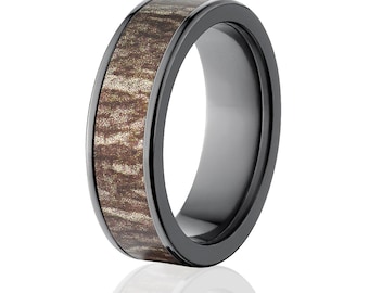 Anillo de circonio negro, estampado de camuflaje Mossy Oak Bottomland de 7 mm, ajuste cómodo, alianza de boda para hombre.