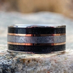 Meteorite Ring Gibeon Meteorite Wedding Band w/ Stardust, Center Inlay & 14k Rose Gold