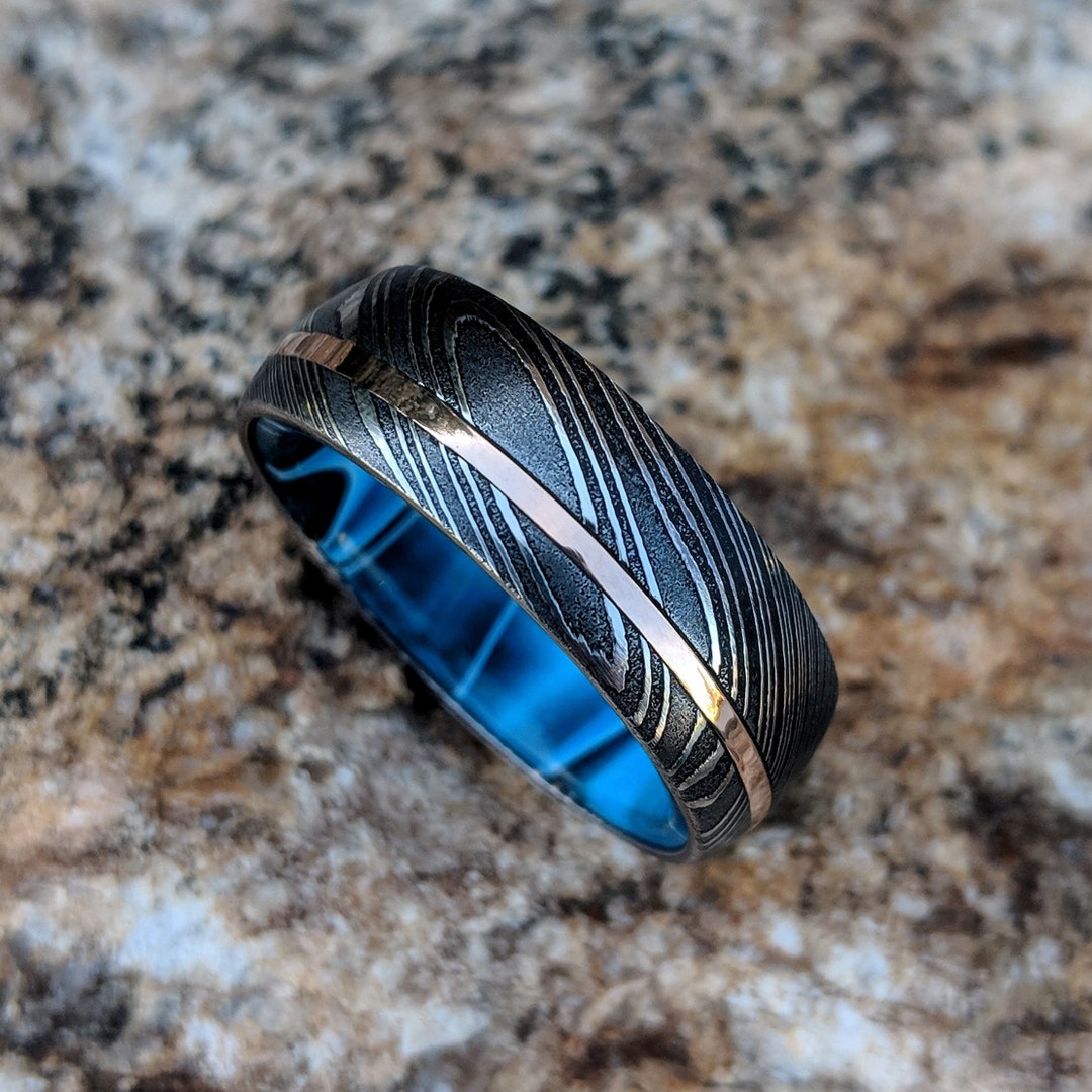 Custom Handmade Damascus Steel Ring Beautiful Blue Wood Filled Ring Band