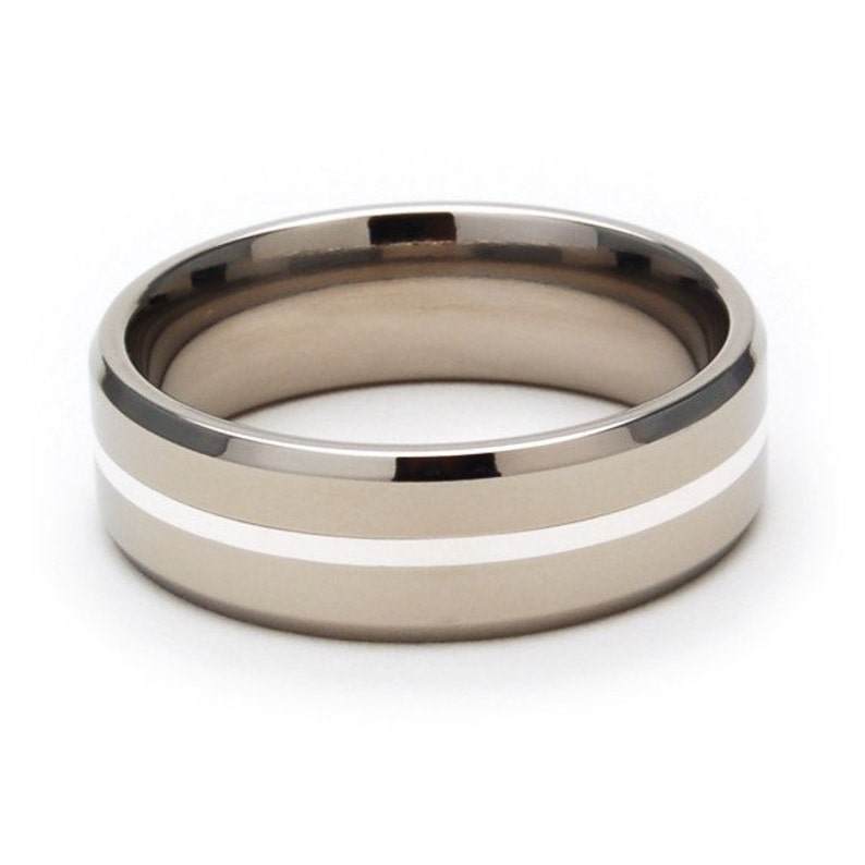 New Comfort Fit, 7mm Titanium Ring, Sterling Silver Inlay Band, Modern Ring 4-17 image 2