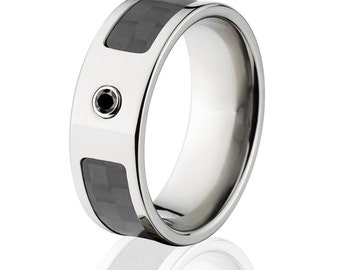 Carbon Fiber Rings, Black Diamond Carbon Fiber Wedding Rings - Sku: 8F_Bezel_BlkDia_CarbonFiber