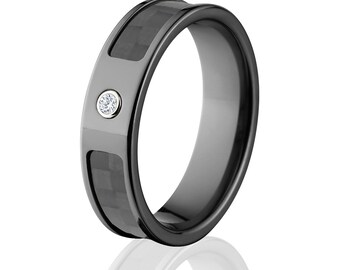 Carbon Fiber Rings, Diamond Carbon Fiber Wedding Rings   - Sku: BZ-6F_Bezel_Dia_CarbonFiber