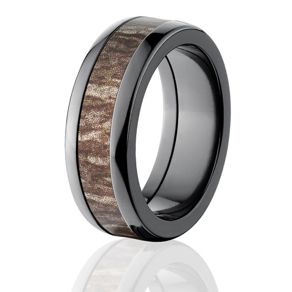 Black Zirconium Ring, Mossy Oak Bottomland Camo Band, Hunting