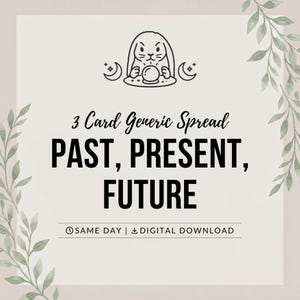 May include: A digital graphic featuring a black line drawing of a rabbit with a crystal ball and crescent moons. The text reads 3 Card Generic Spread PAST, PRESENT, FUTURE with SAME DAY and DIGITAL DOWNLOAD below, framed by green watercolor leaves.