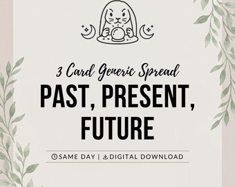May include: A digital graphic featuring a black line drawing of a rabbit with a crystal ball and crescent moons. The text reads 3 Card Generic Spread PAST, PRESENT, FUTURE with SAME DAY and DIGITAL DOWNLOAD below, framed by green watercolor leaves.