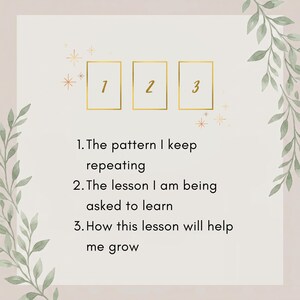 Pode incluir: Um cart&atilde;o bege com tr&ecirc;s ret&acirc;ngulos de contorno dourado numerados 1, 2 e 3. O texto diz: 1. The pattern I keep repeating, 2. The lesson I am being asked to learn, 3. How this lesson will help me grow. Ilustra&ccedil;&otilde;es de folhas verdes nas laterais.