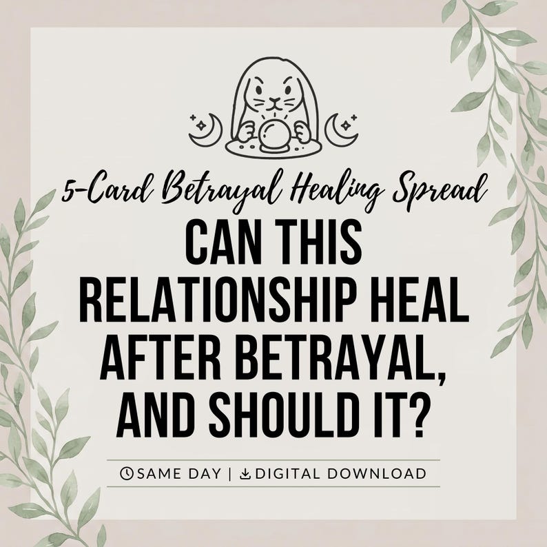 May include: A square graphic featuring a line art illustration of a rabbit with a crystal ball and crescent moons. The text reads: 5-Card Betrayal Healing Spread, CAN THIS RELATIONSHIP HEAL AFTER BETRAYAL, AND SHOULD IT?, SAME DAY | DIGITAL DOWNLOAD.