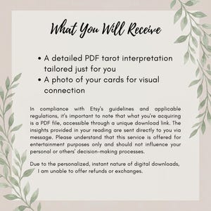 Puede incluir: Una tarjeta de informaci&oacute;n digital con fondo claro e ilustraciones de hojas verdes en los laterales. El texto dice: What You Will Receive, A detailed PDF tarot interpretation tailored just for you, A photo of your cards for visual connection.