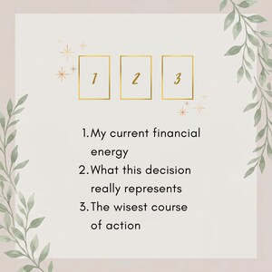 May include: A graphic featuring three gold-outlined rectangles labeled 1, 2, and 3, surrounded by green leaf illustrations and small star icons. The text reads: 1. My current financial energy, 2. What this decision really represents, 3. The wisest course of action.
