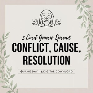 Może przedstawiać: Cyfrowa grafika przedstawiająca rysunek liniowy królika z kryształową kulą i półksiężycami. Tekst brzmi 3 Card Generic Spread CONFLICT, CAUSE, RESOLUTION, SAME DAY oraz DIGITAL DOWNLOAD, w ramce z zielonych liści wykonanych akwarelą.