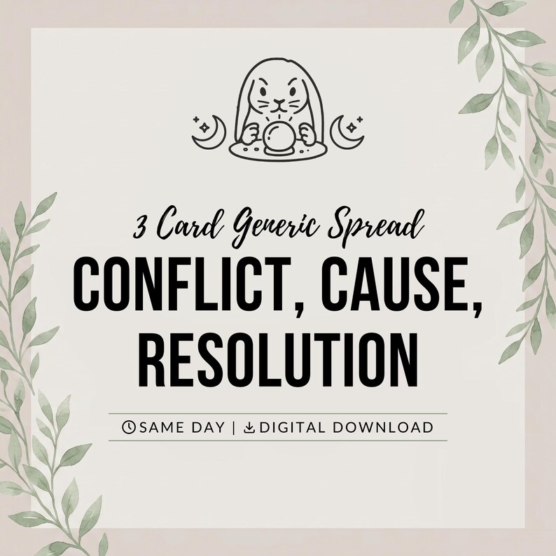 May include: A digital graphic featuring a line art illustration of a rabbit with a crystal ball and crescent moons. The text reads 3 Card Generic Spread CONFLICT, CAUSE, RESOLUTION, SAME DAY, and DIGITAL DOWNLOAD, framed by green watercolor leaves.