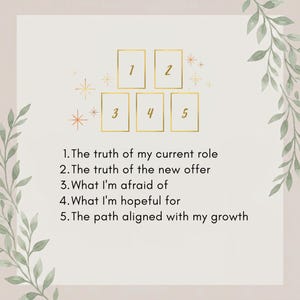 Pu&ograve; includere: Una guida per la stesa dei tarocchi con cinque contorni rettangolari dai bordi dorati, numerati da uno a cinque. Il testo recita: 1. The truth of my current role, 2. The truth of the new offer, 3. What I'm afraid of, 4. What I'm hopeful for, 5. The path aligned with my growth.