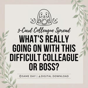 May include: A digital graphic featuring a black line drawing of a rabbit with a crystal ball and crescent moons. The text reads 3-Card Colleague Spread WHAT'S REALLY GOING ON WITH THIS DIFFICULT COLLEAGUE OR BOSS? SAME DAY | DIGITAL DOWNLOAD.
