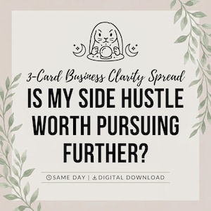 May include: A square graphic with a light background and green leaf illustrations on the sides. It features a line art illustration of a rabbit with a crystal ball, and the text: 3-Card Business Clarity Spread IS MY SIDE HUSTLE WORTH PURSUING FURTHER?