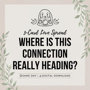 May include: A digital graphic featuring a line art illustration of a rabbit with a crystal ball, flanked by crescent moons. The text reads 3-Card Love Spread, WHERE IS THIS CONNECTION REALLY HEADING?, and includes icons for time and download.