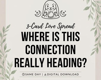 Puede incluir: Un gráfico digital con una ilustración de líneas de un conejo con una bola de cristal, flanqueado por lunas crecientes. El texto dice 3-Card Love Spread, WHERE IS THIS CONNECTION REALLY HEADING?, e incluye iconos de tiempo y descarga.