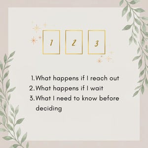 May include: A light-colored graphic featuring three gold-outlined rectangles labeled 1, 2, and 3, surrounded by green leaf illustrations and small star icons. The text reads: 1. What happens if I reach out, 2. What happens if I wait, 3. What I need to know before deciding.