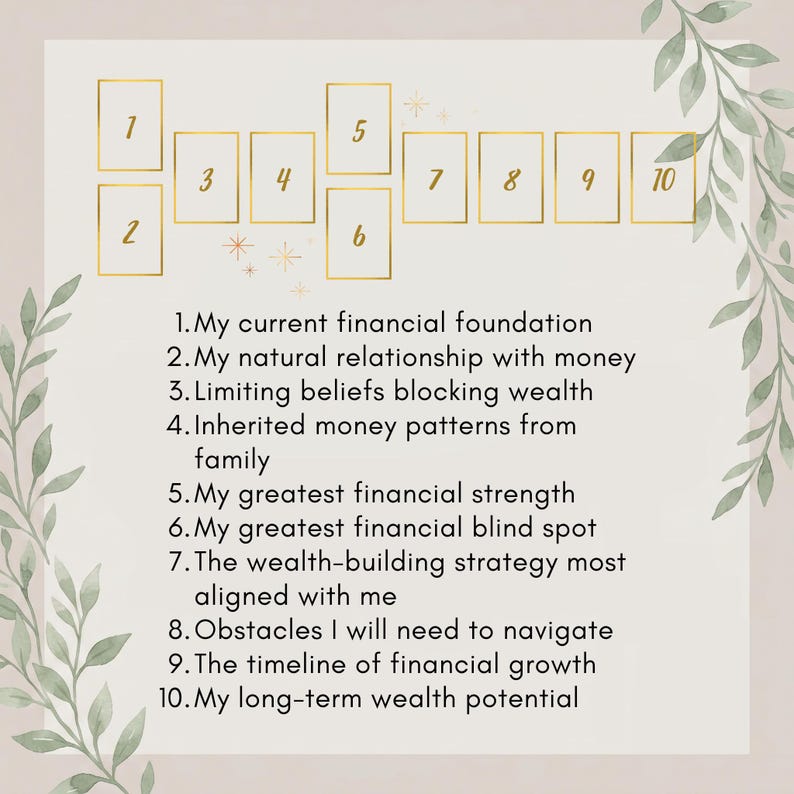 May include: A ten-card tarot spread layout guide featuring gold-outlined rectangular frames numbered one through ten. The text lists financial themes for each position, including current foundation, money relationship, beliefs, and wealth potential.