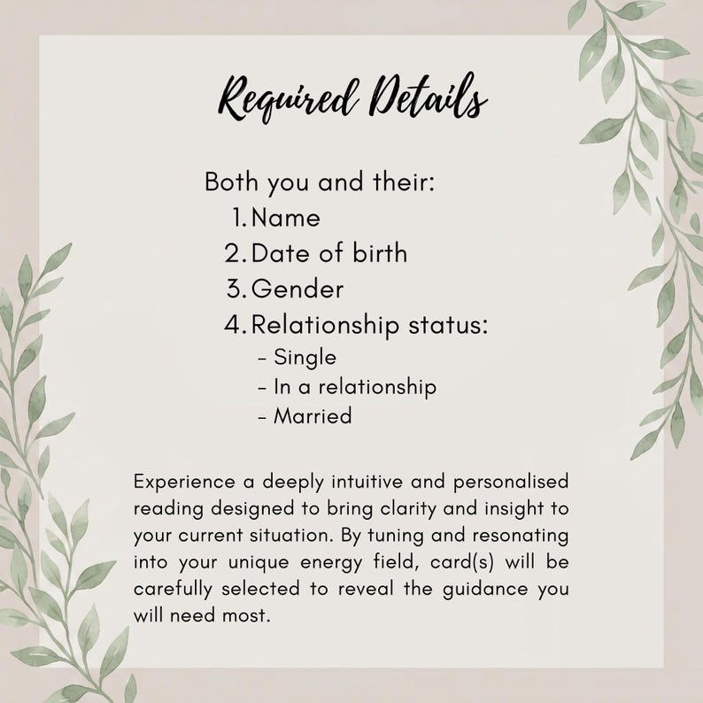 Puede incluir: Una tarjeta informativa blanca con ilustraciones de hojas verdes en los lados. El texto dice: Required Details, Both you and their: 1. Name, 2. Date of birth, 3. Gender, 4. Relationship status: Single, In a relationship, Married. M&aacute;s texto descriptivo.