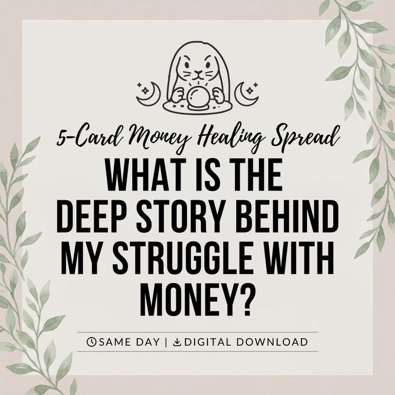 May include: A digital graphic featuring a line art illustration of a rabbit with a crystal ball, flanked by crescent moons. The text reads 5-Card Money Healing Spread, WHAT IS THE DEEP STORY BEHIND MY STRUGGLE WITH MONEY?, and DIGITAL DOWNLOAD.